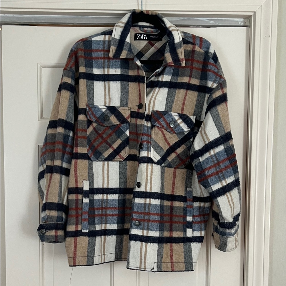 Zara Navy and Beige Plaid Jacket